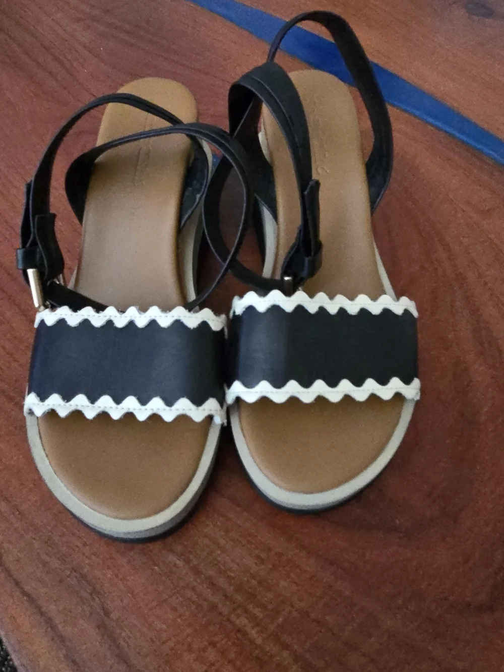 See By Chloe Black and Cream Scallop Ankle-Strap Wedge Sandal